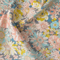 Gros plan sur Popeline de coton à fleurs au mètre de Longan Craft France, un tissu floral doux 100 % coton avec des fleurs roses, jaunes, bleues et blanches sur fond gris, idéal pour le quilting, les nappes, les robes et les chemises.