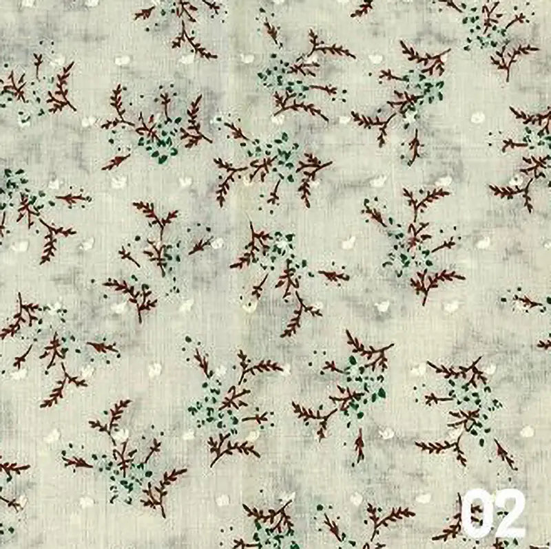 Tissu voile jacquard plumetis floral au mètre de Longan Craft France : un voile de coton gris clair avec de petites branches brunes, des feuilles vertes et des points blancs - parfait pour les robes d'été. La mention "02" apparaît en blanc en bas à droite.