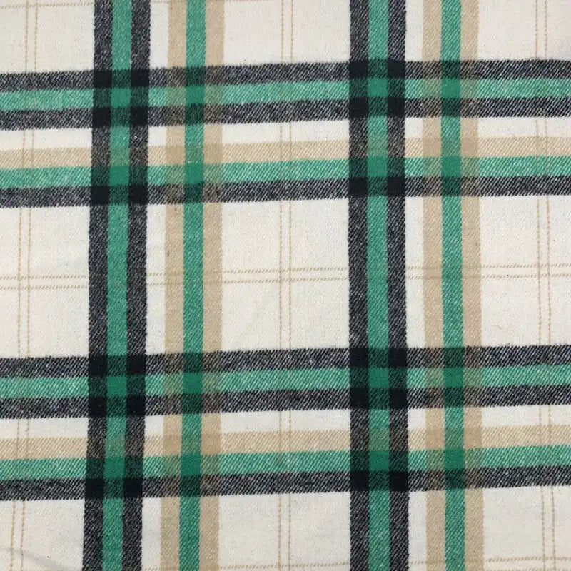 Longon Craft France Tissu en flanelle à carreaux pour l'automne au mètre : polyester-coton, motif vert, noir, beige et crème sur fond blanc-parfait pour robes, chemises et projets couture cocooning.