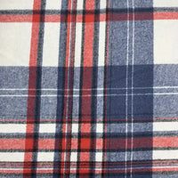 Gros plan sur Tissu en flanelle à carreaux pour l'automne au mètre de Longon Craft France, un doux tissu polyester-coton à motif plaid rouge, bleu marine et blanc, idéal pour robes, chemises et couture veste d'hiver.