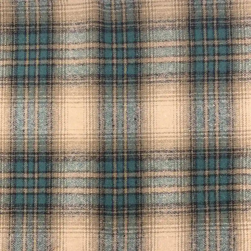 Découvrez le tissu en flanelle à carreaux pour l'automne de Longon Craft France : un mélange polyester-coton doux, idéal au mètre pour robes, chemises et projets couture, avec motifs beige, bleu canard et marron entrecroisés.