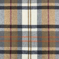 Gros plan sur le Tissu en flanelle à carreaux pour l'automne au mètre de Longon Craft France, un tissu polyester-coton doux et confortable dans des tons beige, brun, noir, blanc, gris et rouge-idéal pour robes et chemises d'hiver.