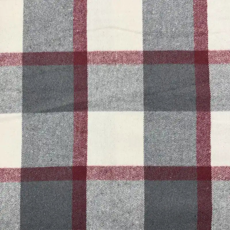 Découvrez le Tissu en flanelle à carreaux pour l'automne au mètre de Longon Craft France, un tissu polyester-coton doux avec motif à carreaux blancs, gris et rouges. Parfait pour des robes ou chemises confortables cet automne.