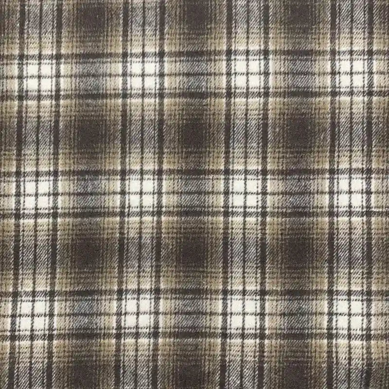 Gros plan sur Tissu en flanelle à carreaux pour l'automne au mètre de Longon Craft France, avec des lignes grises, blanches et noires formant des carreaux-parfait comme tissu confortable polyester-coton pour robes et chemises.