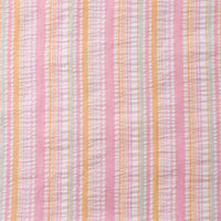 Le Longan Craft France tissu seersucker rayé arc-en-ciel au mètre est un tissu polyester à rayures verticales colorées en rose, jaune, blanc et gris clair, avec différentes largeurs et une texture légèrement gaufrée. Idéal pour robes.