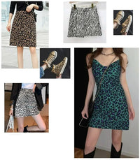 Un collage présente des vêtements imprimés d'animaux, y compris des articles fabriqués à partir du tissu 100 % coton imprimé léopard de Longan Craft France (Tissu jean imprimé léopard 10oz au mètre).