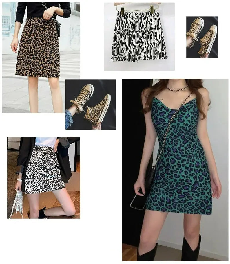Un collage présente des vêtements imprimés d'animaux, y compris des articles fabriqués à partir du tissu 100 % coton imprimé léopard de Longan Craft France (Tissu jean imprimé léopard 10oz au mètre).