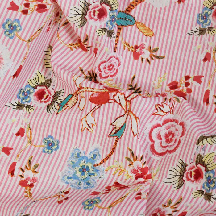 Tissu voile de coton rayé à fleurs au mètre