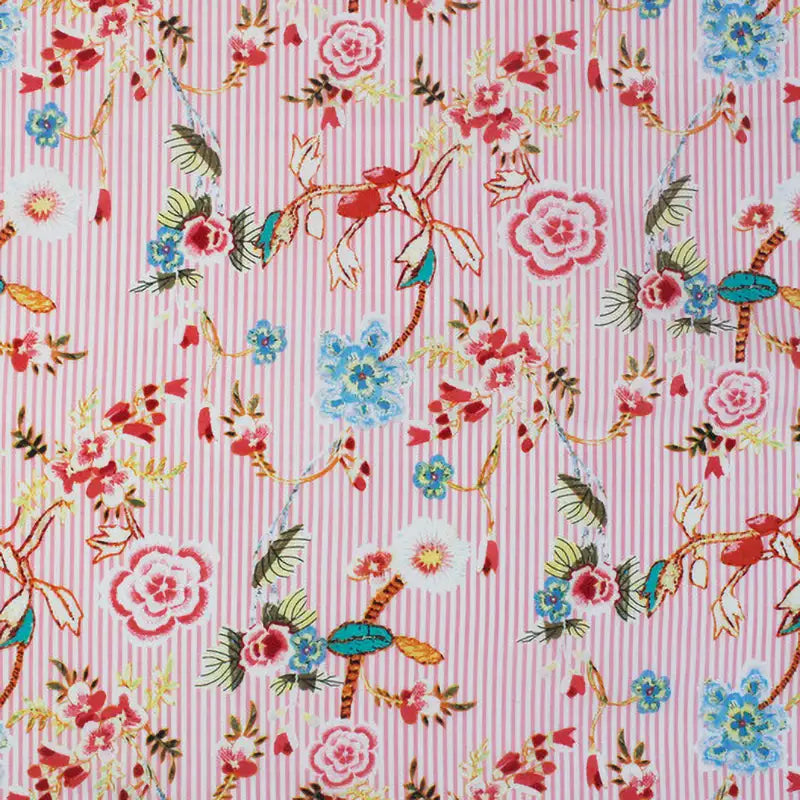Tissu voile de coton rayé à fleurs au mètre