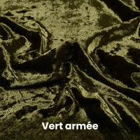 Gros plan sur le Tissu en velours froissé au mètre de Longan Craft France en vert olive foncé, avec "Vert armée" en texte blanc en bas ; un tissu velours doux de 63 pouces de large pour l'ameublement, la couture et le bricolage.