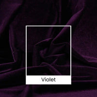 Gros plan sur un luxueux "Tissu velours uni au mètre" violet foncé de Longan Craft France, aux plis souples. Un rectangle blanc central met en valeur le tissu, étiqueté "Violet". Largeur : 165 cm - idéal pour la couture, les vêtements et les projets créatifs.