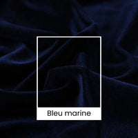 Gros plan sur Longan Craft France tissu velours uni bleu marine, doux et luxueux, largeur 165 cm. Un carré blanc marque le centre, étiqueté "Bleu marine". Idéal pour couture, vêtements ou loisirs créatifs.